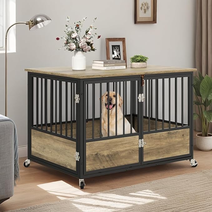 DWVO 43 Inch Dog Crate Furniture with Wheels & with Double-Doors | Dog Kennel Indoor Furniture End Table Dog Crate for Dogs, Farmhouse Decorative Wooden Dog Cage Table, Chew-Resistant, Greige