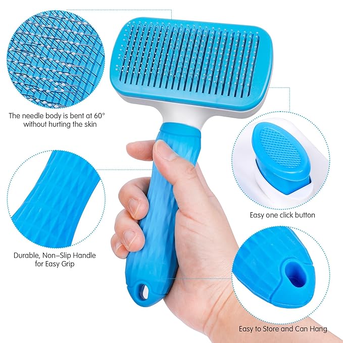 Dog & Cat Brush Kit 2PCS, Self Cleaning Slicker Brush for Pets, Dog Brush for Shedding Massaging and Grooming, Removes Loose Undercoat & Portable Comb for Long Short Haired Dogs(Blue)
