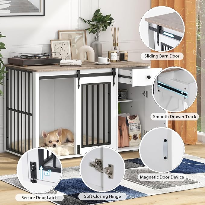 Verano Garden 44" Dog Crate Furniture, Dog Kennel (44" Right Facing Door) | 2-in-1, Lockable, Sliding Door, Removable Divider, Adjustable Shelf, Farmhouse, Heavy Duty, Small Medium Dogs, White