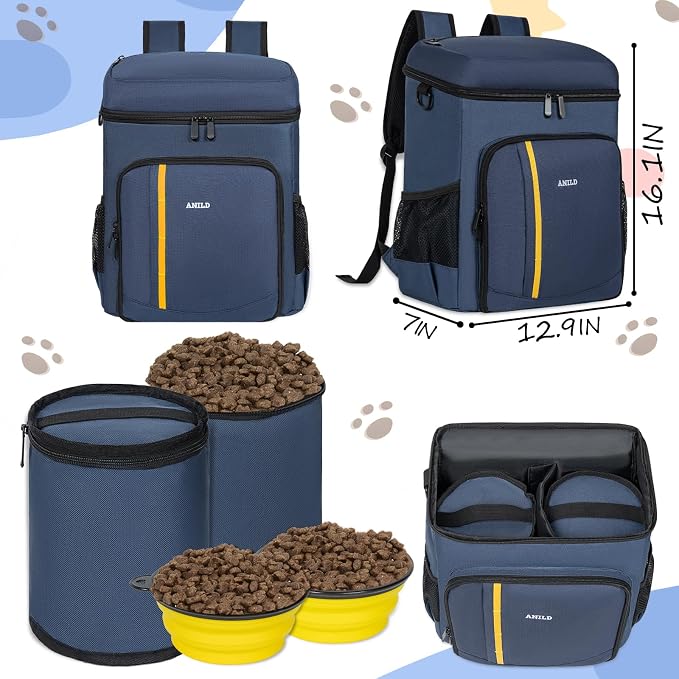 ANILD Dog Travel Bag Backpack, Flight-Ready TSA-Approved Dog Travel Bag with 2 Leak-Proof Food Canisters, 2 Foldable Silicone Bowls, Multi-Compartment Organizer for Hiking, Camping, Dog Mom Essentials
