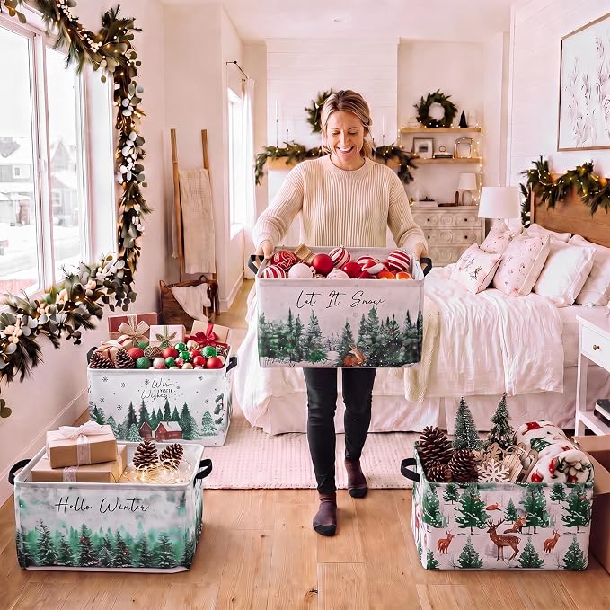 4 Pcs Christmas Storage Basket for Gifts Empty Large Christmas Forest Elk Storage Bins 15 x 10 x 8 Fabric Laundry Baskets with Handle Winter Wonderland Collapsible Organizer Boxes for Toy Book