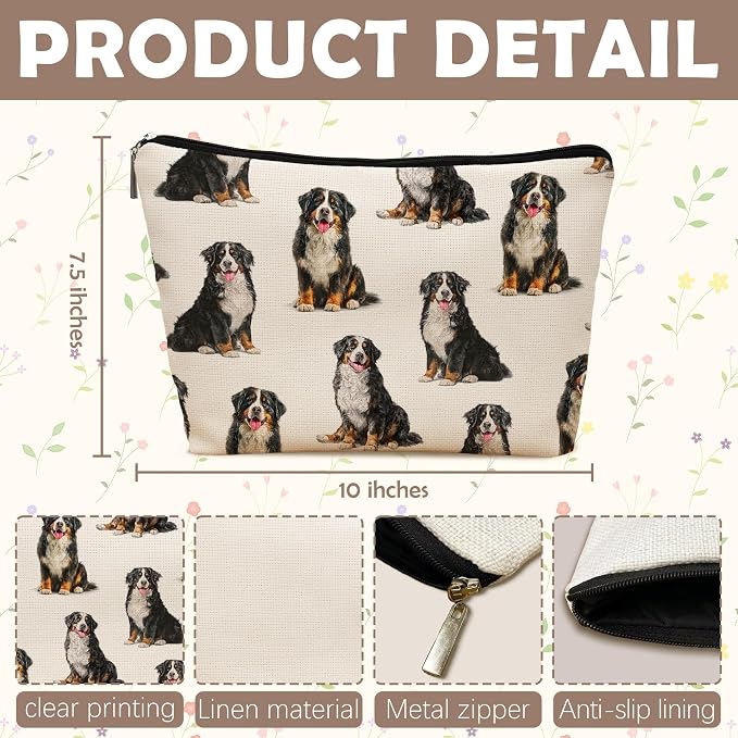 Bernese Mountain Dog Makeup Bag, Bernese Mountain Lovers Gifts Cosmetic Bag for Women, Dog Mom Lovers Owner Gifts for Women Christmas, Pet Lover Gift Zipper Travel Makeup Pouch for Purse