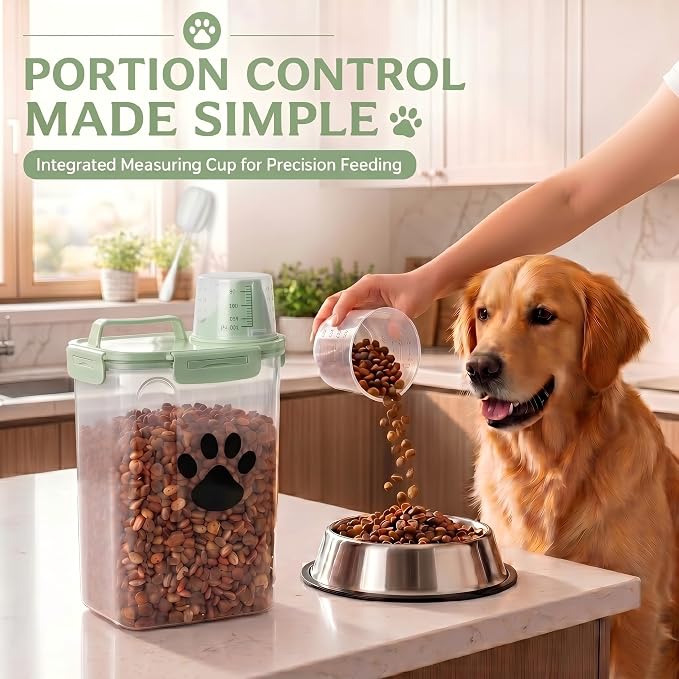 Dog Storage Container with cleaning brush with Measuring Cup | Airtight Portable Pet Food Containers with Upgraded Large Spout and Cup for Dogs,Cats,Birds,Small Animals（Green）