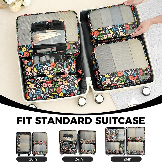 BAGAIL 9 Set Packing Cubes with Packing List Luggage Packing Organizers for Travel Accessories (Black floral)