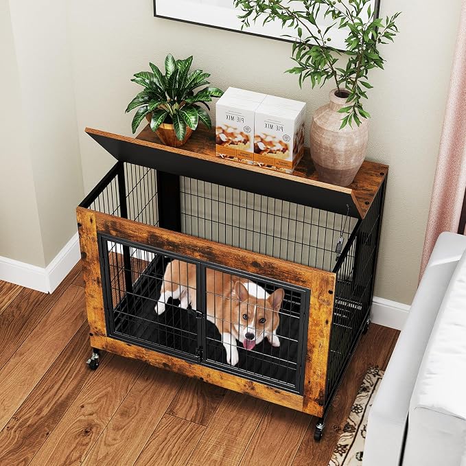PETSITE Portable Dog Crate Furniture, 38 Inch Wooden Dog Kennel Side Table with Flip-up Top, 3 Lockable Doors and Removable Tray, Ideal for Small to Medium Dogs (Rustic Brown)