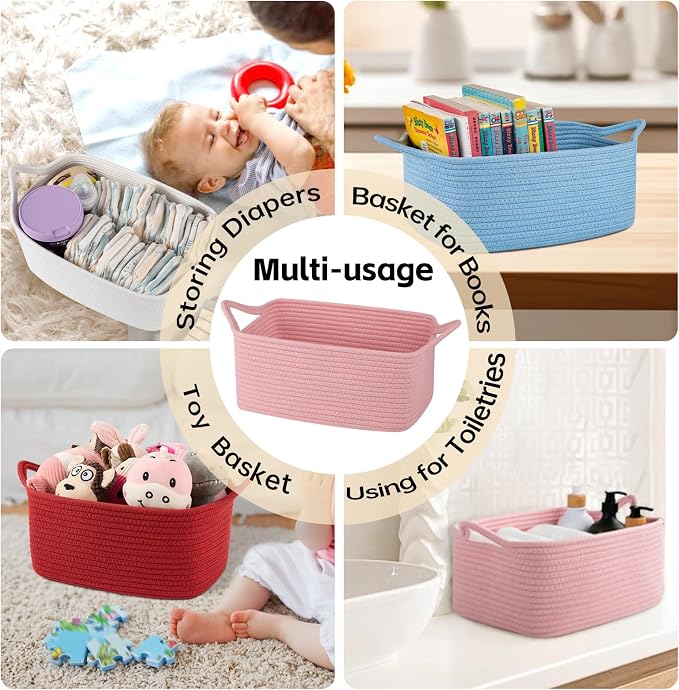 OIAHOMY 19L Woven Basket, Gift Basket Empty with Gift Bags and Ribbons, Rope Baskets for Baby Showers, Storage Baskets with Handles for Nursery, Pet Toy Organizer - Pink