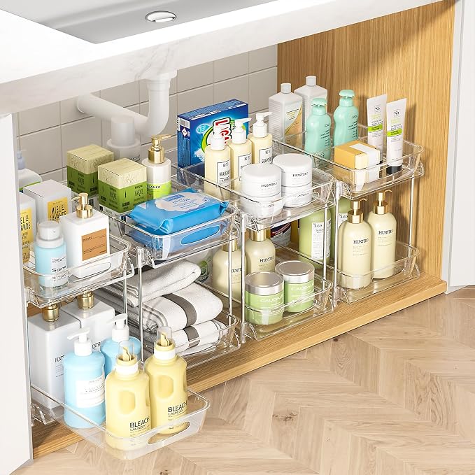 4-Pack 2-Tier Under Sink Organizer with Pull Out Drawers | Multi-use kitchen & bathroom storage. Includes hanging hooks and cups. transparent, space-saving cabinet design. 11.2 Inch