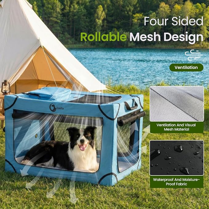 Portable Collapsible Soft Dog Crate for Extra Large Dogs, 42in Blue | Oxford Cloth Travel Camping dog kennel with 4 Mesh Windows & 2 Storage Pockets,for Indoor & Outdoor Use