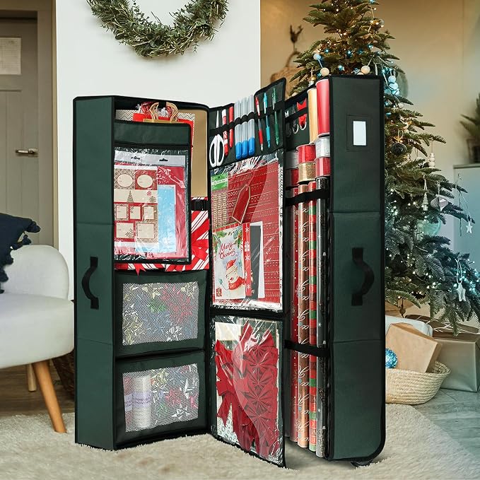 Hearth & Harbor Holiday Storage with Extra 2 PC of Christmas Storage Bins and Ribbon Storage Organizer - Fade Resistant Wrapping Paper Storage Containers with Wheels Fits Up to 30 Rolls of 40" Length