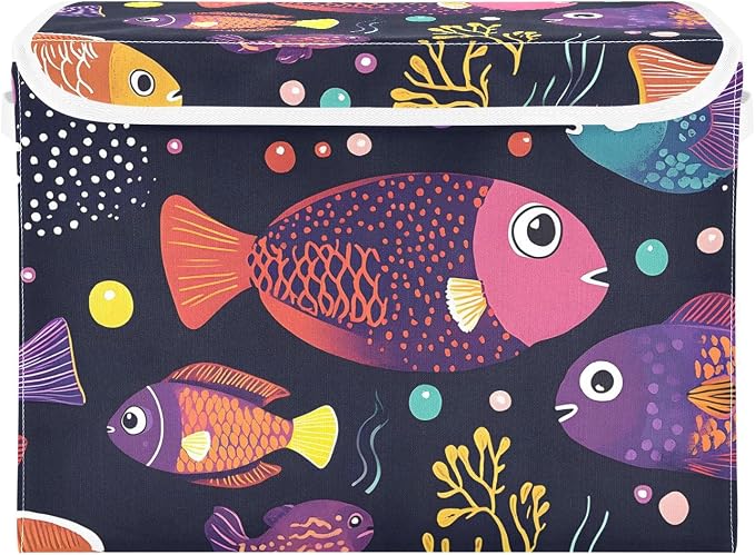 Fish Ocean Storage Bins with Lids Closet Bedroom 40L Storage Basket | Decorative Storage Boxes, Foldable & Stackable, Dust-Proof Flip Top, Reinforced Handles, For Home & Dorm, Clothes & Toy Box