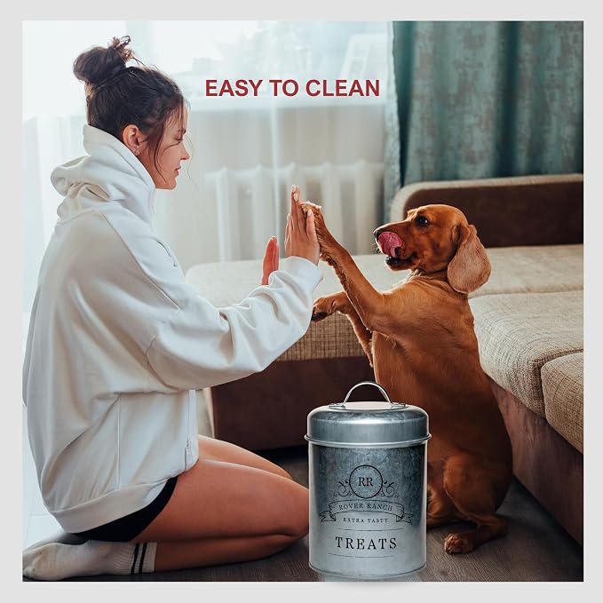 Amici Home Rover Ranch Metal Pet Treat Canister, 64 Oz - Silver | Airtight Treat Storage Jar with Silicone Gasket, Wide Mouth, Lid Handle, Pet Snack Container for Biscuits & Training Bites