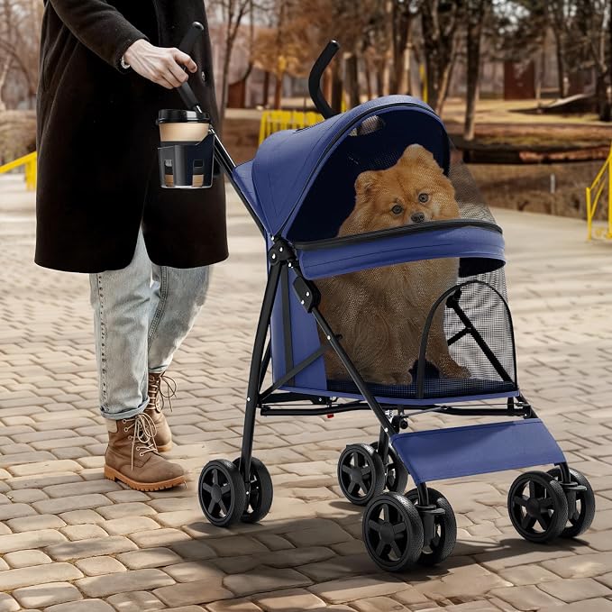 Magshion Compact Fold Pet Travel Stroller for Small Dogs Cats, Navy Blue | Up to 22lbs, 4-Wheel Lightweight Umbrella Shaped Design, Safety Tethers, Breathable Mesh, Cup Holder & Rear Storage