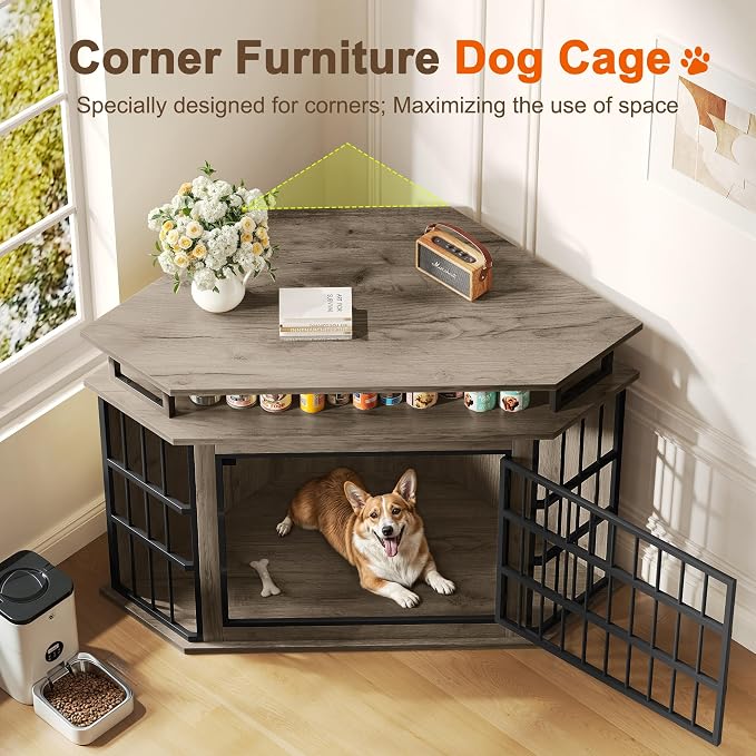 51" Corner Dog Crate Furniture Large Wooden Dog Kennel Indoor Dog House | With 2-Tier Shelves, Large Storage Space, Space-Saving Design, Multi-functional Pet House, Sturdy & Secure, Easy Assembly