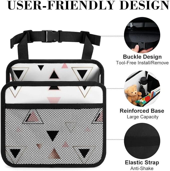 Car Seat Back Organizer Pu Leather Vehicle Backseat Storage Box, Geometric | Triangles Rose Gold White, Auto Hanging Pouch with Adjustable Strap PU Leather Trash Bags Travel Accessories
