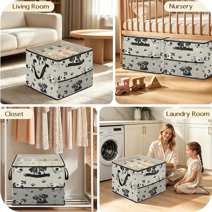 TropicalLife Cute Puppy Dogs Shoe Organizer for Closet | Paw Print Foldable Shoe Storage Organizer Box Bin with Adjustable Dividers and Clear Cover, Fits up to 16-32 Pairs