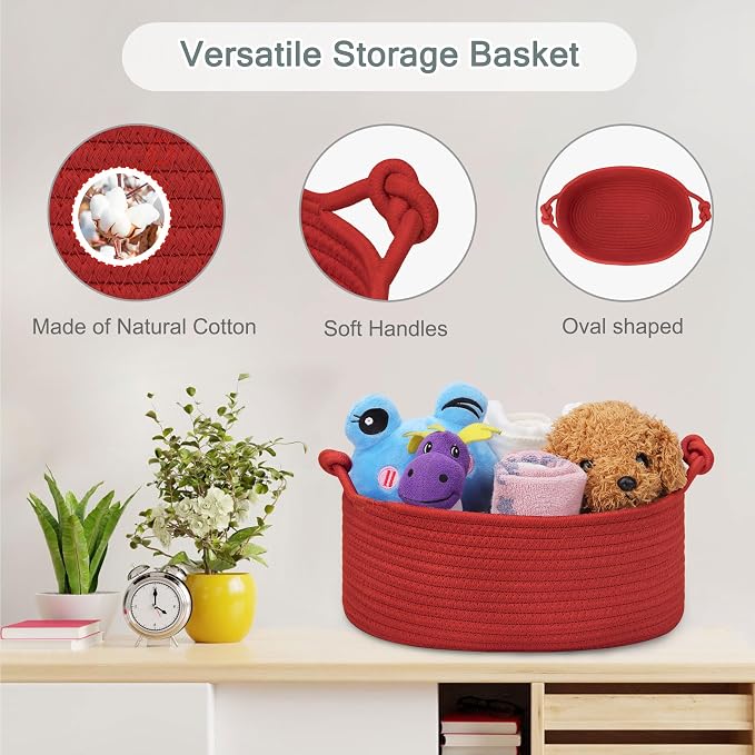 COMSE Small Gift Basket Empty with Bag & Ribbons, Solid Red | Cotton Rope, 12"x 8"x 5", Pet Toy Storage Organizer, Woven Basket for Birthdays, Baby Showers, Mother’s Day, Valentine’s Day