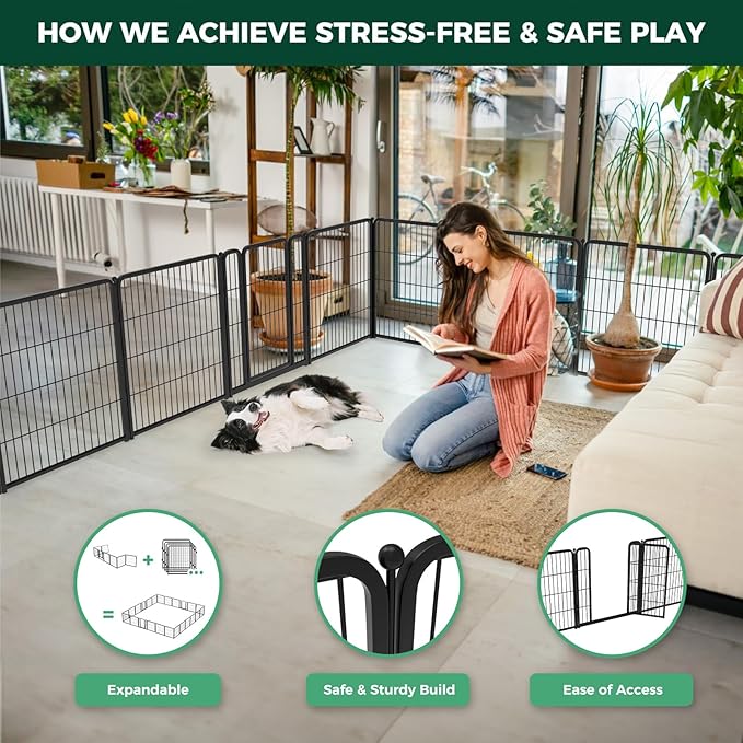 FXW Homeplus Indoor Dog Playpen, 32" H, 16 Panels, for Small & Medium Dogs | Stress-free play, Heavy-duty, Semi-open design, Easy setup, Threshold-free gate, Expandable, Patented