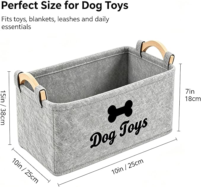 Dog Toy Storage Basket, Felt Pet Toy Organizer with Wooden Handles, Collapsible Pet Supplies Storage Bin for Dog Cat Toys, Treats, Accessories, Home Office Closet Organizer (LightGray-2)