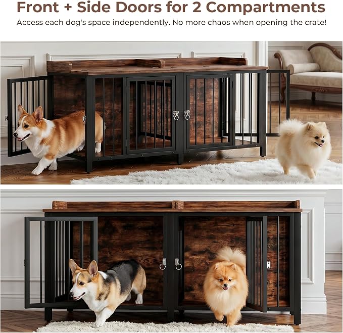 BOINN 63" Heavy Duty Dog Crate Furniture with 4 Doors, Removable Divider & Openable Top, Indoor Dog Kennel with Raised Edge Tabletop, Double Dog Cage for Medium Large Dogs, Decorative Pet Crate