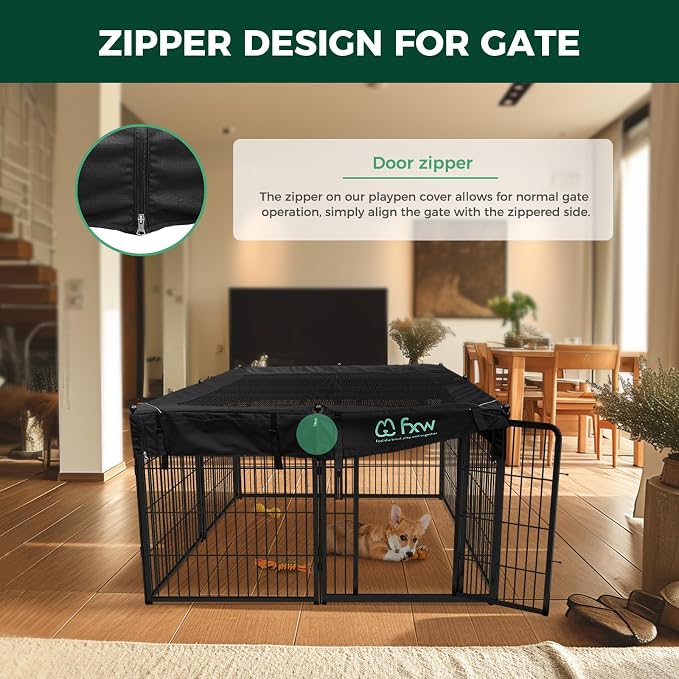 FXW Homeplus Indoor Dog Playpen with Mesh Top Cover, 32" H, 8 Panels | Calm Indoor Play Area, Cover Helps Deter Jump-Outs, for Small & Medium Dogs, Patented