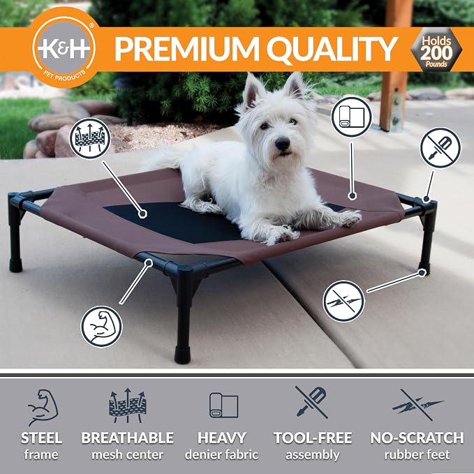K&H Outdoor Elevated Dog Bed, Cooling Raised Dog Bed, Small Chocolate | Pet Cot for Small Pets, Breathable Mesh Center Hammock Design, Indoor/Outdoor Washable Cover, 22x17in