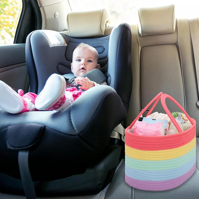 COMSE Large Cotton Rope Baby Diaper Caddy Organizer with Handles, Rainbow