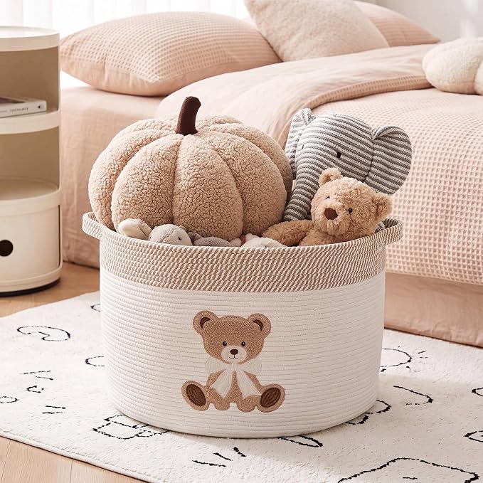 LemonRoad Extra Large Basket 20"x14", Woven Basket for Laundry Blanket Toy Box with Handle Storage, Blanket Storage for Living Room Nursery Pillows Chest(Cotton Rope,Bow Bear,Brown White)