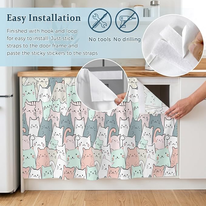 BEMIGO Cartoon Cat Cabinet Curtain 28" Wx35 L, Dustproof Under Sink Skirt with Self Adhesive Tape, Funny Cute Colorful Animal Pet Cabinet Curtain Cover for Bathroom Vanity, Kitchen Sink, Laundry Room