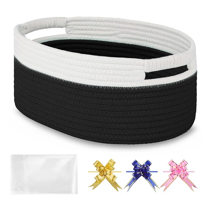 Small Woven Gift Basket with Bag & Ribbons, Black | Cotton Rope, 13”x 9”x 5.5”, Fits for Kids, Women & Men, Bedroom, Living Room, Nursery & Bathroom Storage, Cat & Dog Toy Boxes