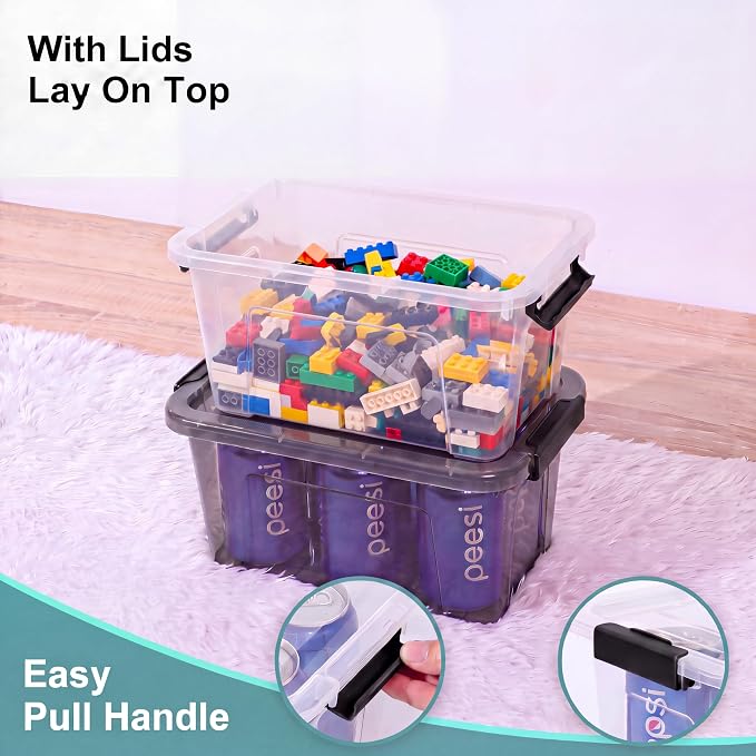 Storage Bins with Lids,7Qt Clear Stackable Storage Containers With Lids Buckle Latches.Perfect for LEGO, Crafts, Office Supplies, and Dorm Room Organization,6-Pack,ClearBlack