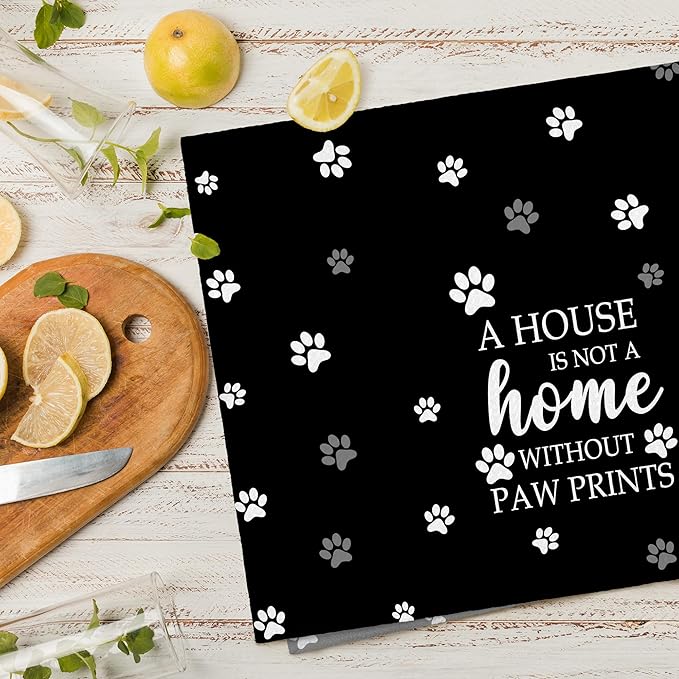 Black Paw Farmhouse Kitchen Towels Decor Gifts for Women Pet Lovers, A House is Not A Home Without Paw Prints Decorative Bathroom Towels, Funny Dish Hand Towels for Kitchen Drying 16x24 Inch