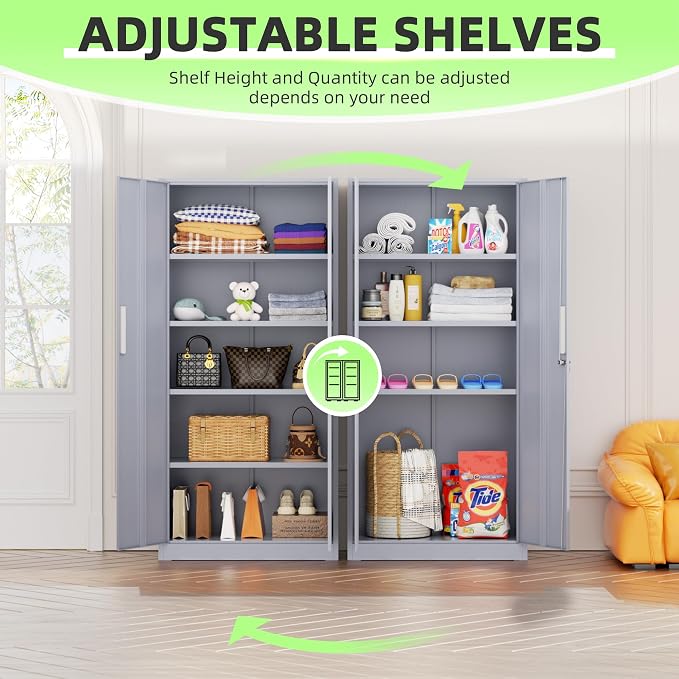 Crownland 72" Metal Storage Cabinet, Lockable Garage Storage Cabinets, High Office Cabinet with Adjustable Shelves for Garage, Home Office, Classroom, Pantry, File(Cement Grey-Narrow Size)