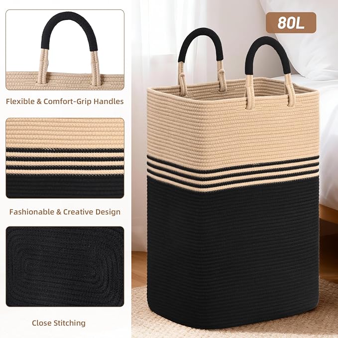 Laundry Basket Hamper,Blanket Storage,Dirty Clothes Hamper with Swivel Handles,Woven Cotton Rope Toy Baskets,Blanket Basket Living Room,Decorative Hampers for Nursery,Bedroom,Brown & Black,80L