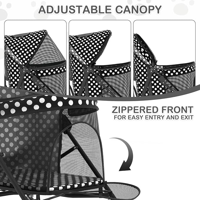 MoNiBloom Pet Stroller for Small/Medium Dogs and Cats, Black Polka Dots | Foladble 4 Wheels Easy-Fold Puppy Cage Jogger Stroller with Sun Cover, Pad and Rear Storage Bag, Breathable and Visible Mesh