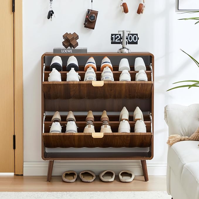 Shoe Storage Cabinet for Entryway with 2 Flip Drawers, Freestanding Narrow Wooden Shoe Cabinet with Wave Panel, Hidden Shoe Organizer for Foyer, Hallway (Walnut)