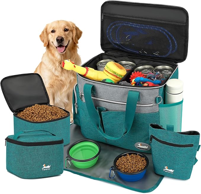 Dog Travel Bag for Pet Kit for Supplies with 2 Food Storage Containers 2 Collapsible Bowls 1 Feeding Mat 1 Dog Treat Pouch 7-Piece Set Perfect Road Trips Camping Weekend (Teal)