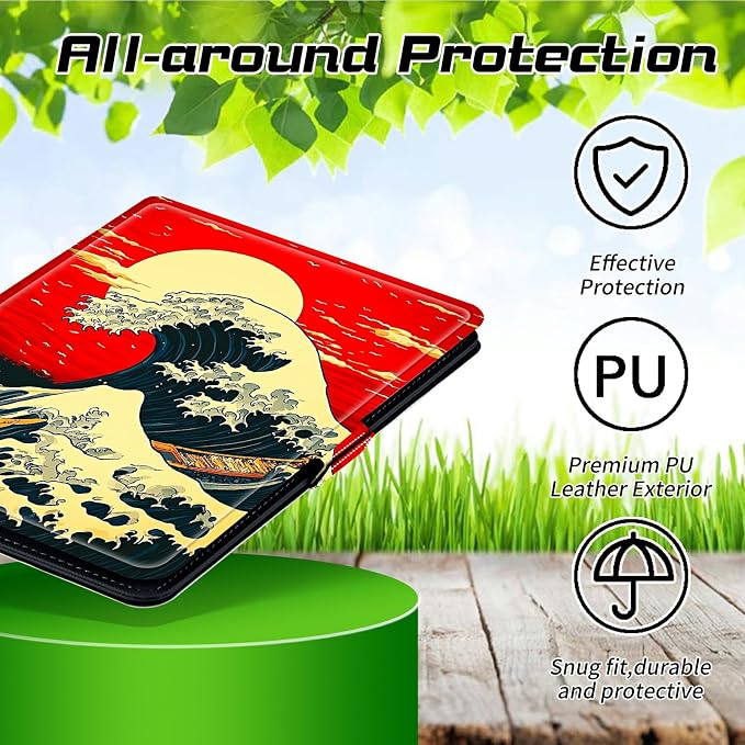 Universal Case for T-Mobile Revvl Tab 2 10.1" Model:9185W 2025/Revvl Tab 5G 10.36" 2023, 360 Degree Rotating Kickstand Protective Stand Leather Shell Cover for 9"-10.5", Red Sky Waves
