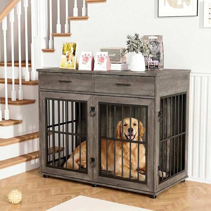 VOWNER 43.3" Large Dog Crate Furniture with 2 Drawers, Grey | Wooden Dog Kennel Furniture End Table with 3 Doors, XL Dog Kennel Indoor with Storage, Dog Cage TV Stand for Large Medium Dog
