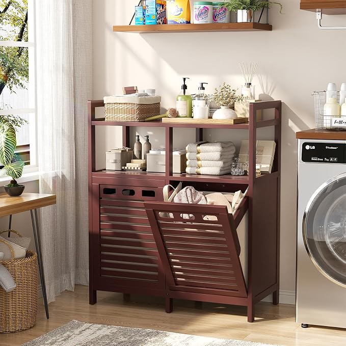 Homykic Tilt Out Laundry Hamper Cabinet, Bamboo Laundry Organizer, Espresso | 20 Gal Laundry Sorter with 2 Removable Liner Bags, Hidden Clothes Hamper with Shelf for Laundry Room, Bathroom, Closet