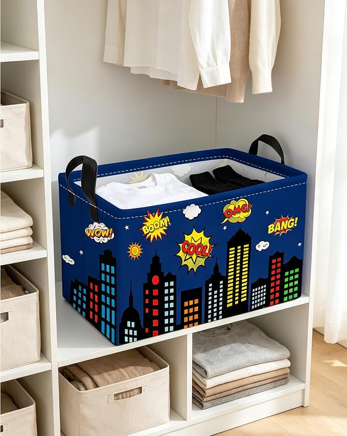 Essme Rectangular Spider Basket,Kids Storage Bins Organizer with Handles for Girls Room Decor, Gift Basket,Shelf Basket.(Bule City)