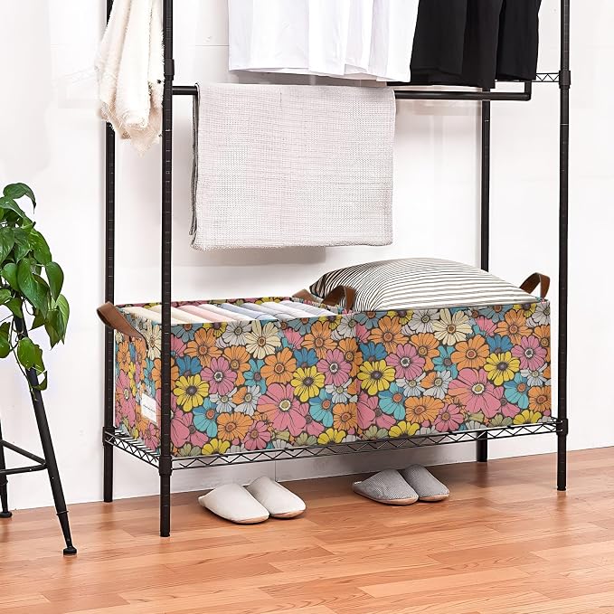 Retro Groovy Daisy Flower Storage Bins for Shelves with Labels&Handles Fabric Organizer Bin Vintage Floral Foldable Rectangle Storage Basket Orange Hippie Boxes for Closet, Home, Living Room, Laundry