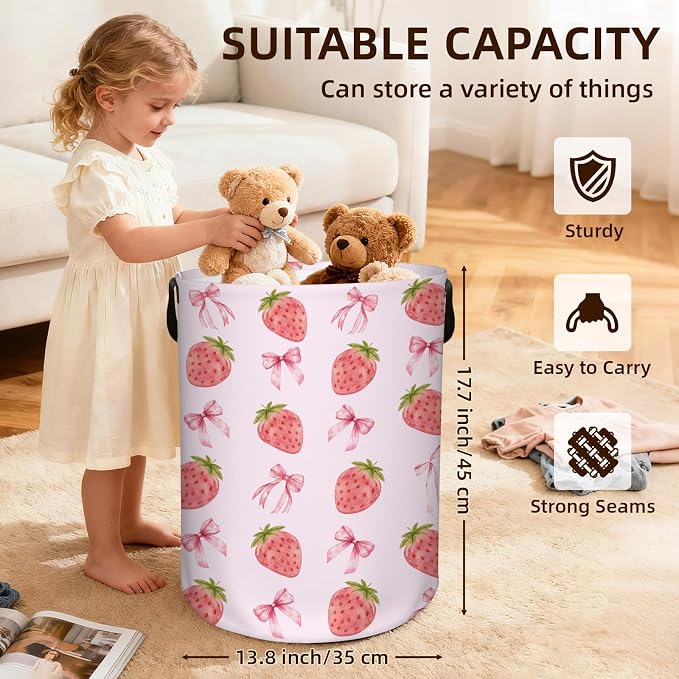 Strawberry Laundry Hamper, Waterproof Laundry Basket for Bedroom, 43L Collapsible Round Storage Bin with Handles for Toys, Storage Basket for Boys Girls, Strawberry Bathroom Decor 13.8x17.7 in