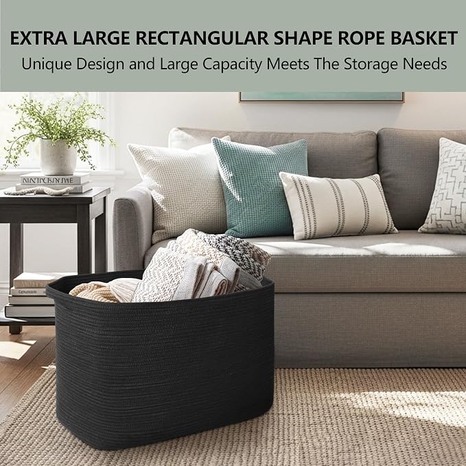 108L Extra Large Storage Basket, 25" x 16" x 16" Black Blanket Basket Living Room, Oversized Cotton Rope Blanket Storage, Woven Kids Dog Toy Bin Box Organizer, Laundry Shoes Towel Bin, Black