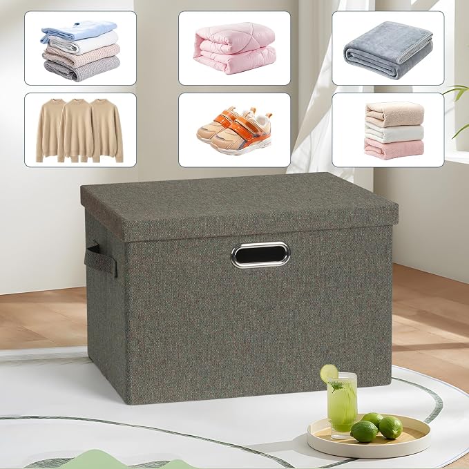 Storage Bins with Lids Fabric Closet Organizers Cubes Office Organization | 36 Quart 3 Pack Dark Green Collapsible Stackable Linen Fabric 4 Handles Bedroom Closet Cabinet Under Bed Clothes Toy Office