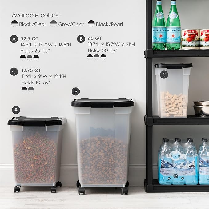 IRIS USA Dog Food Storage Container, Up to 25 lbs, Black, Made in USA | Wheels for Mobility, Airtight Seal, BPA-Free, Best for Bird Seed, Cat food, Cat Litter, Chicken Feed, Pellets