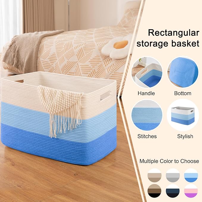OIAHOMY 108L Extra Large Blanket Basket Dog Toy Basket Gradient Light Blue | Rectangle Woven Baskets for Storage Cotton Rope Basket For Living Room Toy Storage Blanket Storage Laundry Basket