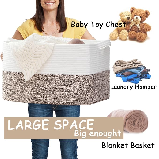 COMFY-HOMI Large Rectangular Blanket, Cotton Rope Woven for Storage, LaundryHamper, Storage,Toy Organizing Bin with Handle, Organizer and Storage-22x15x12-