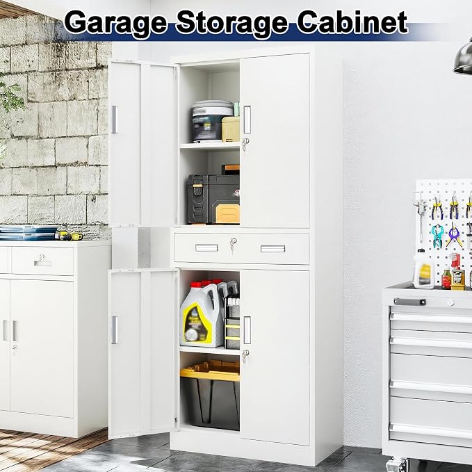 BESFUR Metal Storage Cabinet with a Drawer 4 Doors and 2 Adjustable Shelves Garage Storage Cabinet with Lock 71" Office Storage Cabinets Locking Cabinets for Garage Office Shop Home (White)
