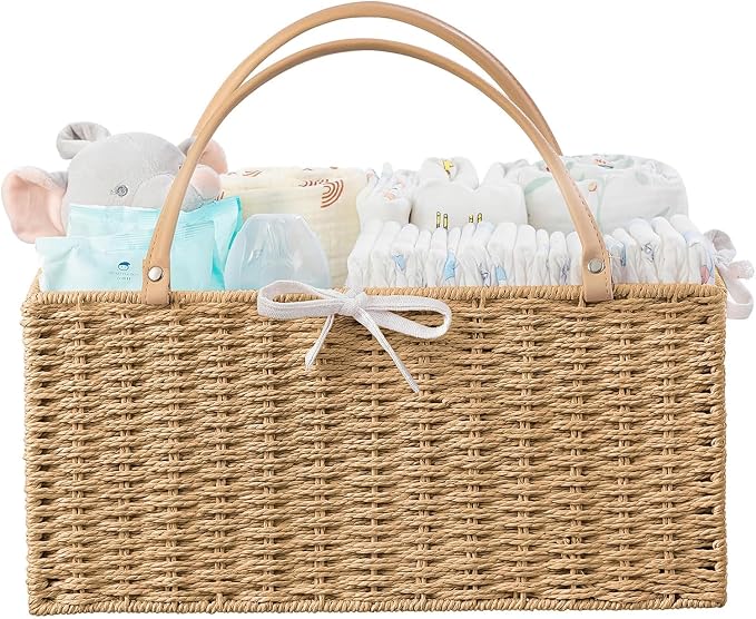 HBlife Large Baby Diaper Caddy Organizer, Paper Rope Storage Baskets Nursery Bin with Removable Divider, Portable Car Organizer for Diapers, Baby Shower Gifts, Newborn Essentials Must Haves
