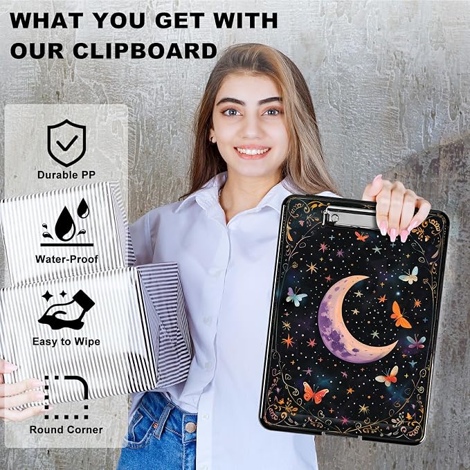 Heavy Duty Storage Clipboard, Slim Nursing Clipboard with Internal Pen Case, Portable File Organizer Case for A4 Letter Size Paper Office Medical Professionals, Butterfly Dark Moon